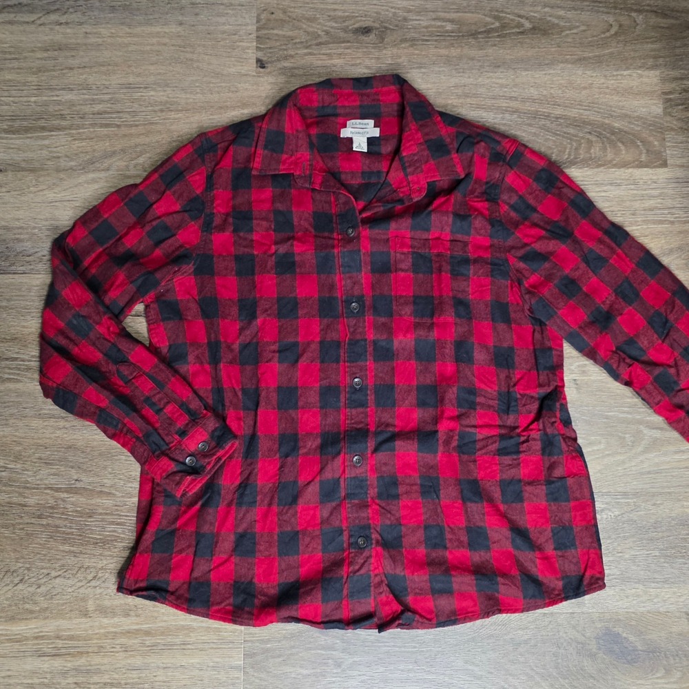 LL Bean Mens Relaxed Fit Flannel Shirt Red Black Buffalo Check Cotton 273137 L